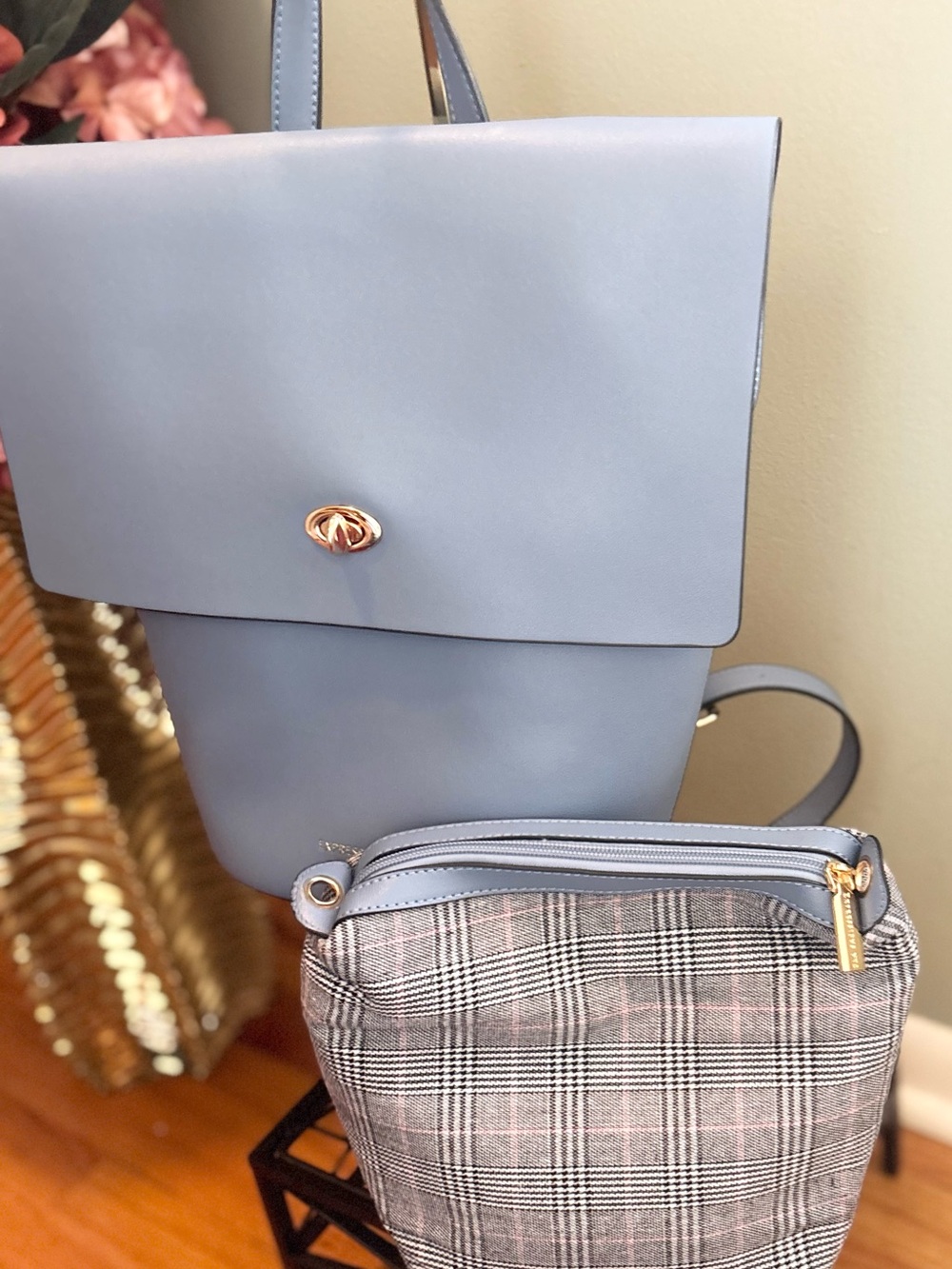 Women's Light Blue Crossbody Bag with Plaid Front Pocket